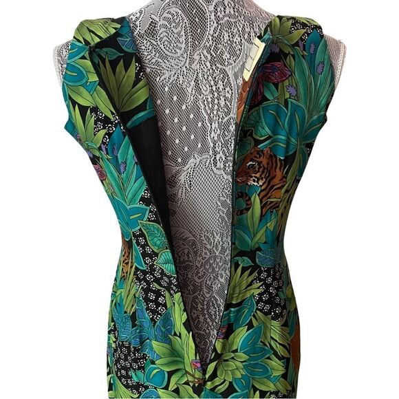 VINTAGE 90s Spenser Jeremy Leaves Jungle Animal Butterfly Print Silk Dress - Picture 5 of 8